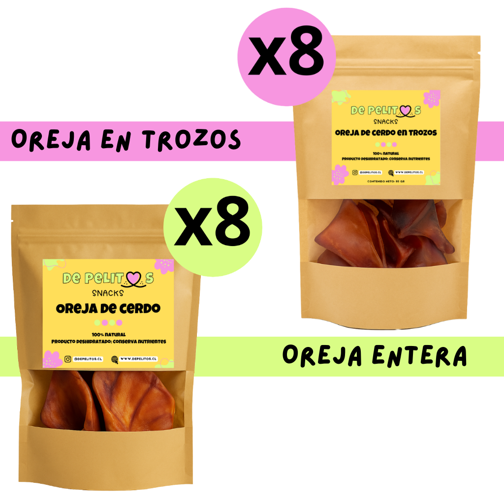 Pack masticable: 8 orejas enteras (16 un) + 8 orejas en trozo