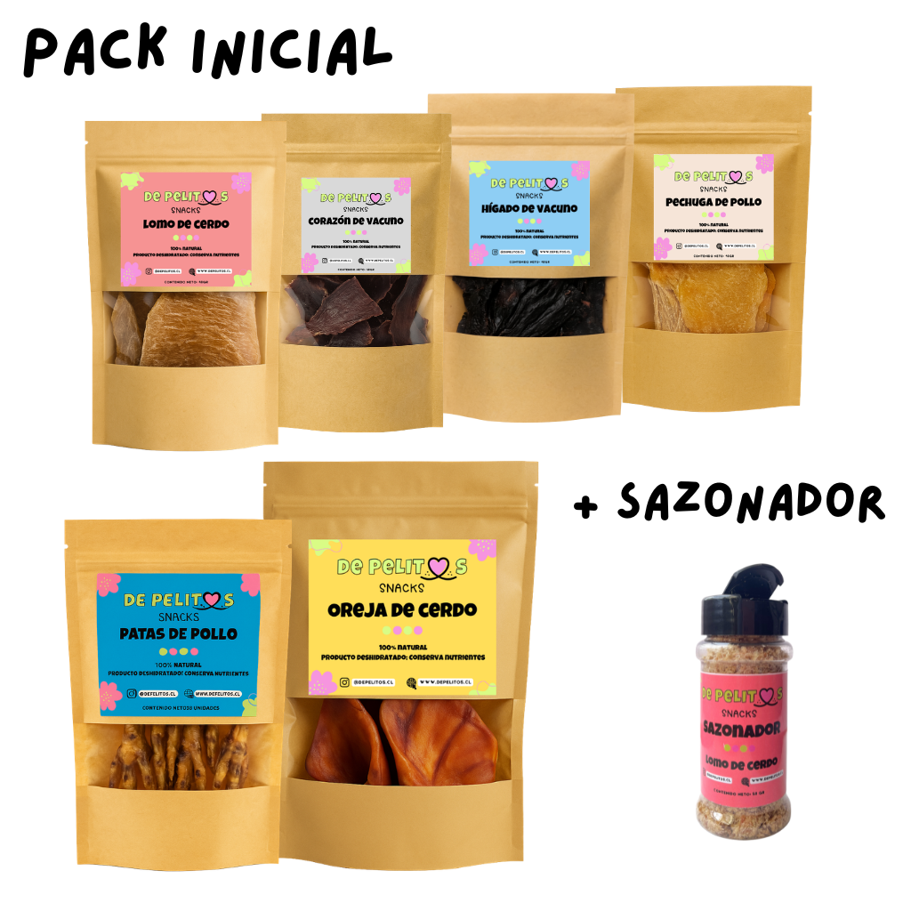 Pack inicial: Pollo, vacuno, cerdo (6 snacks) + 1 sazonador a elección de REGALO