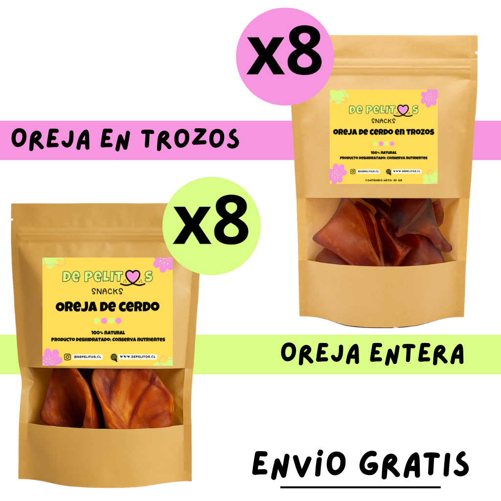 Pack masticable: 8 orejas enteras (16 un) + 8 orejas en trozo + envío GRATIS