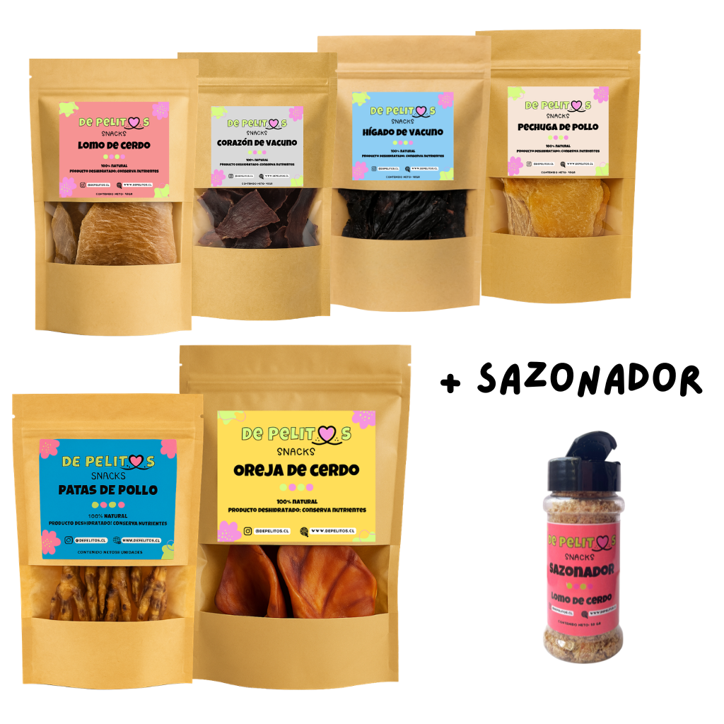 Pack inicial: Pollo, vacuno, cerdo (6 snacks) + 1 sazonador a elección de REGALO